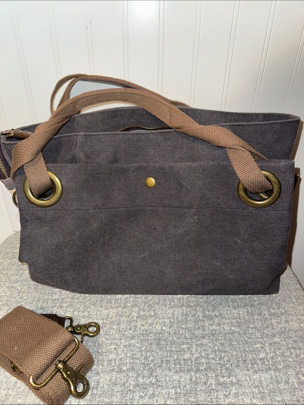 Zede-Dark Gray Canvas Crossbody Tote with Brown Trim with free charm pouch - Picture 4 of 4